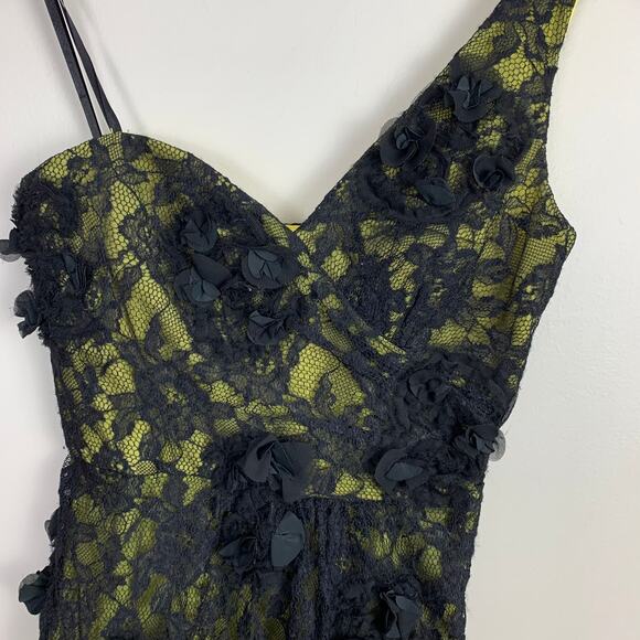 BCBGMaxAzria Jennifer One Shoulder Black Yellow Lace Floral Sheath Dress 0 XS - Picture 5 of 12